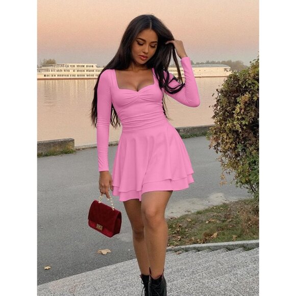 Women's Pink Square Neck Long Sleeves Ruched Ruffle Corset A Line Party Dress - Picture 4 of 4